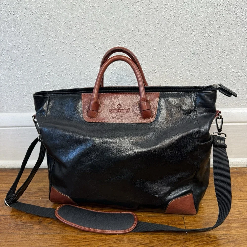 Vintage Samsonite Black Leather Travel Business Tote Bag With Shoulder Strap